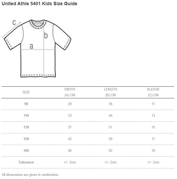 United Athle 5401 5.0oz Regular Fit Kids Cotton T-shirt size chart