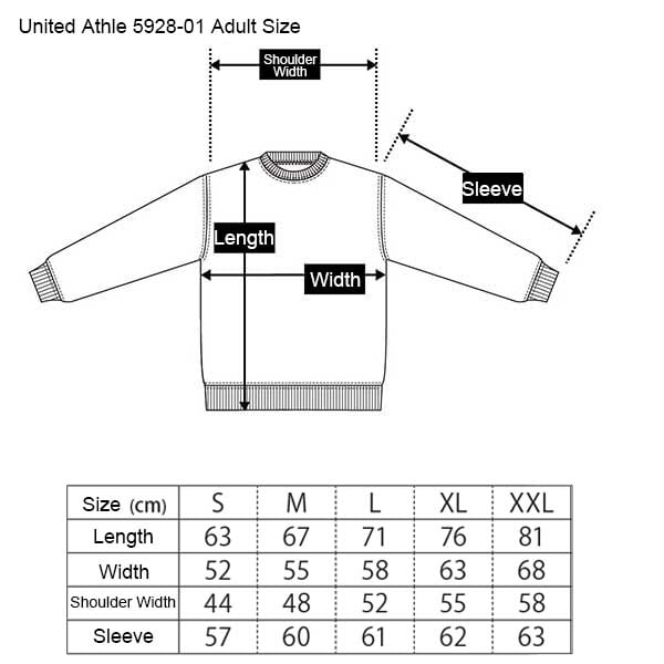 United Athle 5928-01 10.0 oz T/C Crewneck Sweatshirt size chart