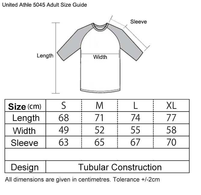 United Athle 5045-01 5.6oz 3/4 Sleeve Raglan Tee size chart